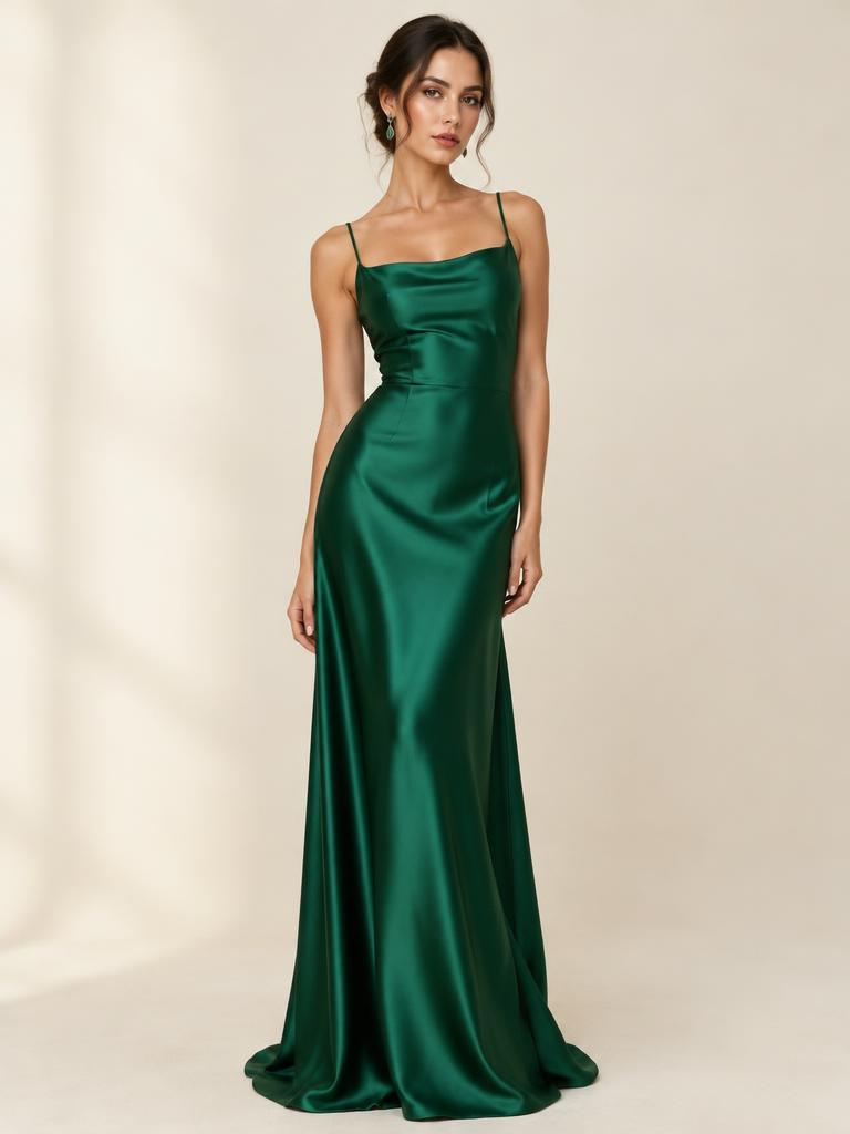 Vestido longo de cetim verde-esmeralda