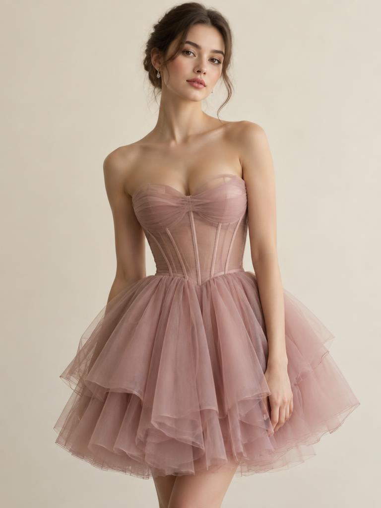 Vestido curto de tule rosé com corset