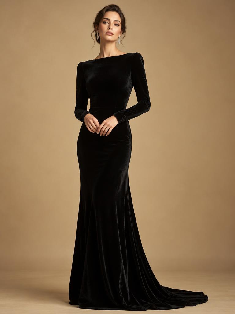Vestido longo de veludo preto com cauda · Lis