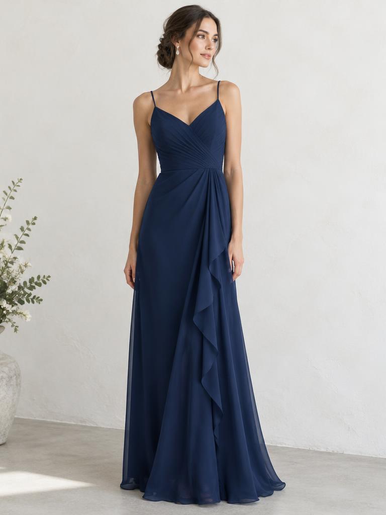 Vestido longo de chiffon azul-marinho · Bella