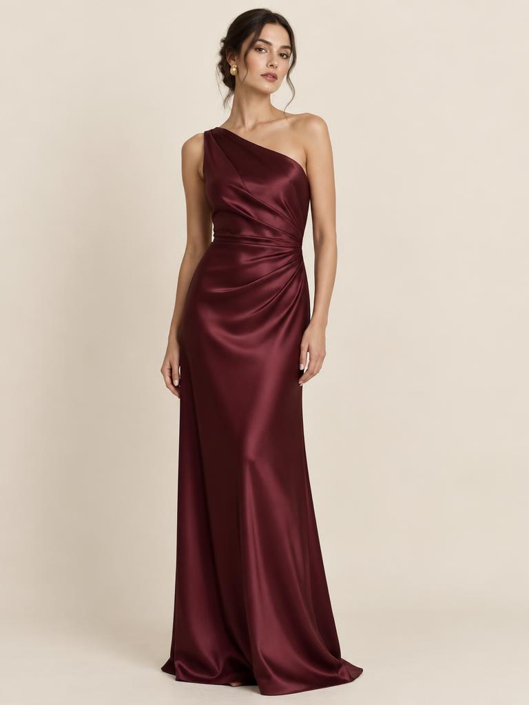 Vestido longo de cetim vinho ombro só · Aurora