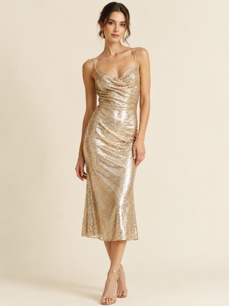 Vestido midi de paetê dourado · Clara