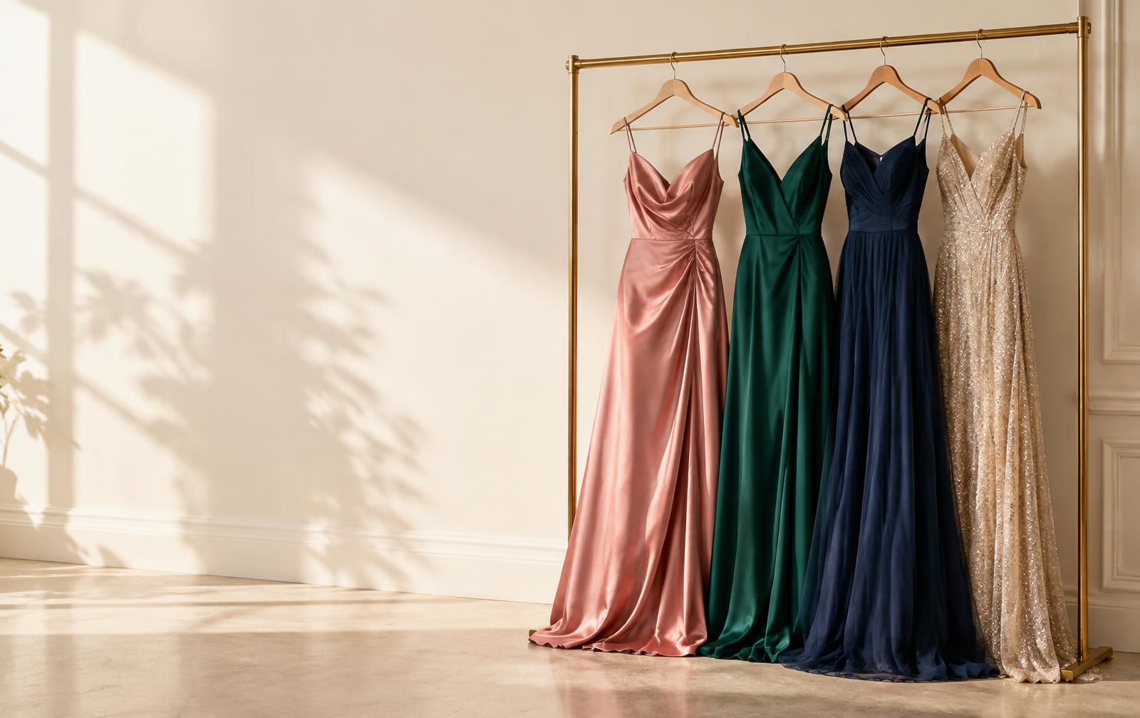 Vestidos de festa em uma arara dourada